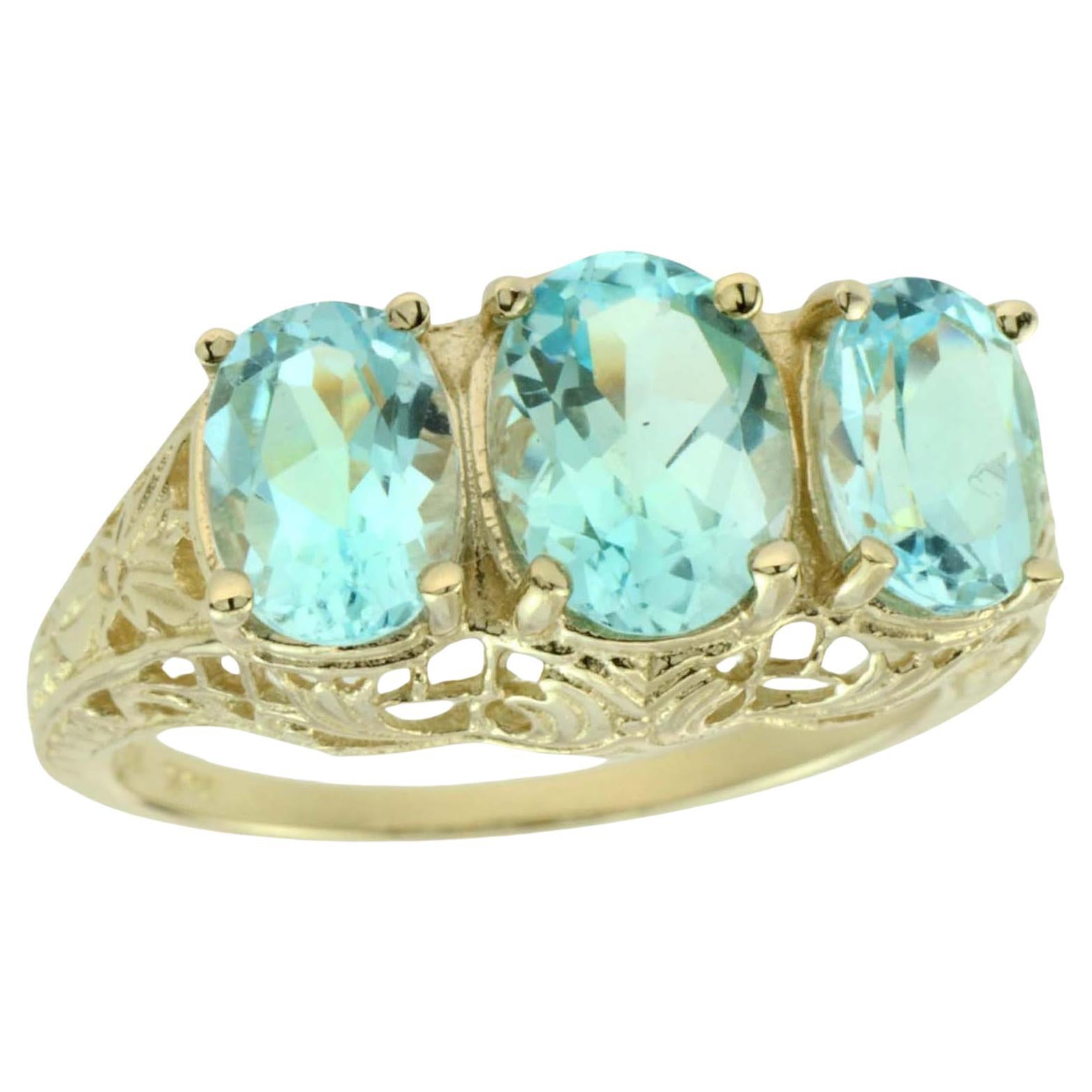 Natural Blue Topaz Art Deco Style Three Stone Filigree Ring in Solid 9K Gold