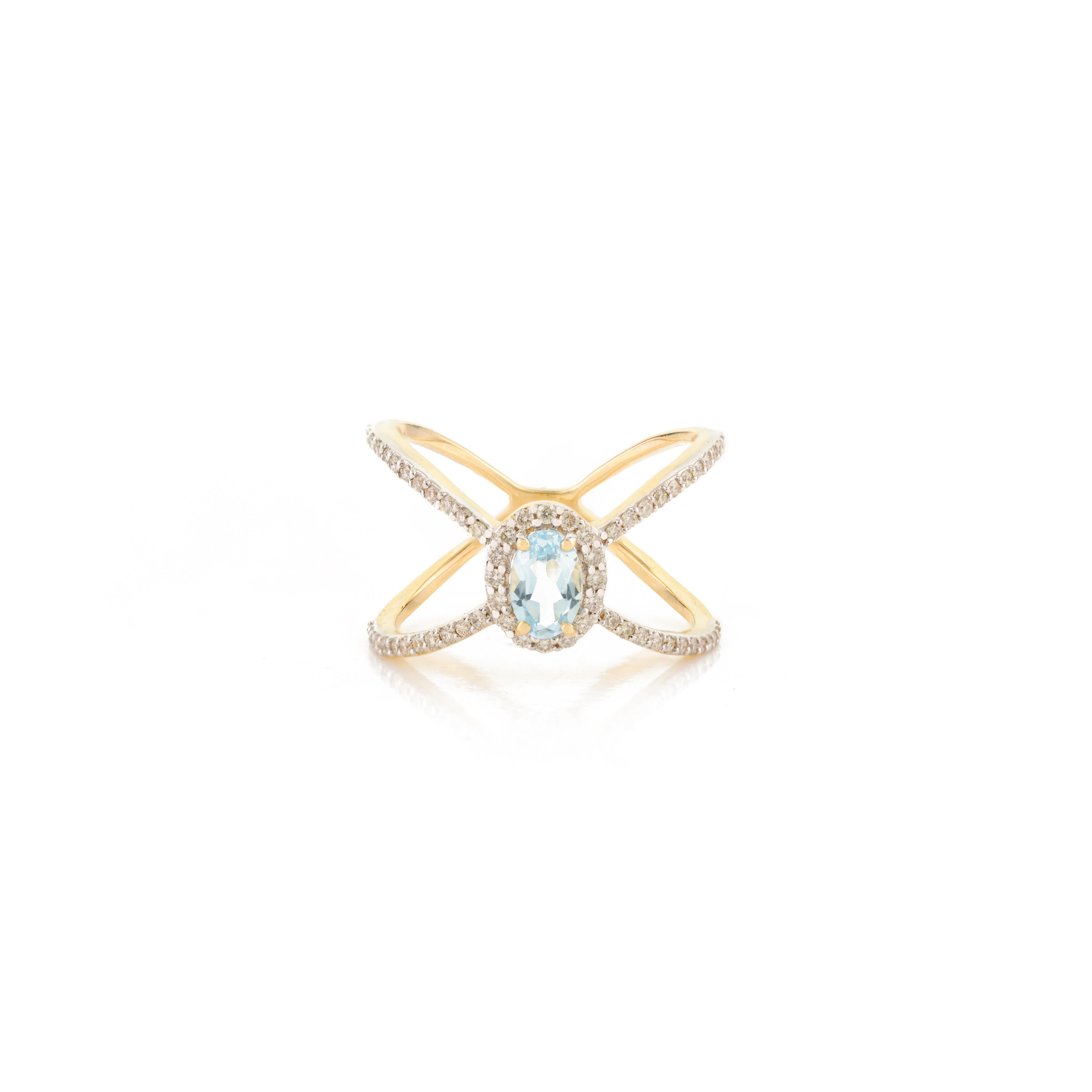 En vente :  Bague croisée en or jaune 14 carats avec topaze bleue naturelle et diamants 4