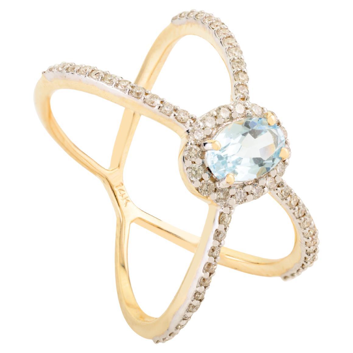 Natural Blue Topaz Diamond Criss Cross Ring in 14k Yellow Gold Fine Jewelry
