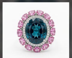 Natural Blue Topaz, Diamond, & Pink Sapphire Ring in 14k Gold