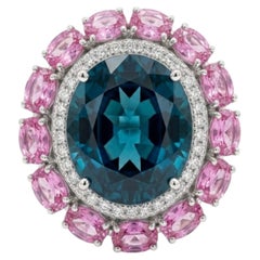 Natural Blue Topaz, Diamond, & Pink Sapphire Ring in 14k Gold