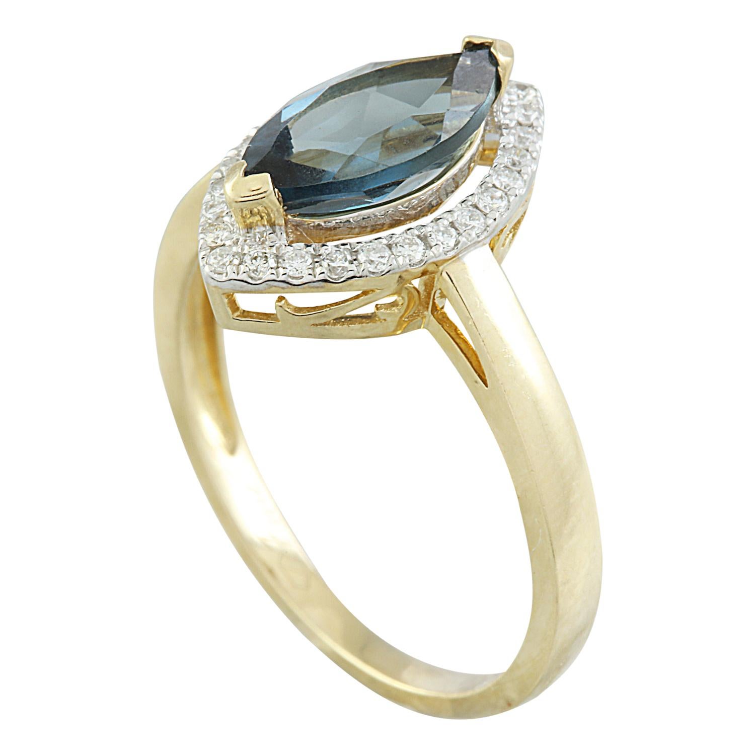 Modern Natural Blue Topaz Diamond Ring in 14K Solid Yellow Gold For Sale