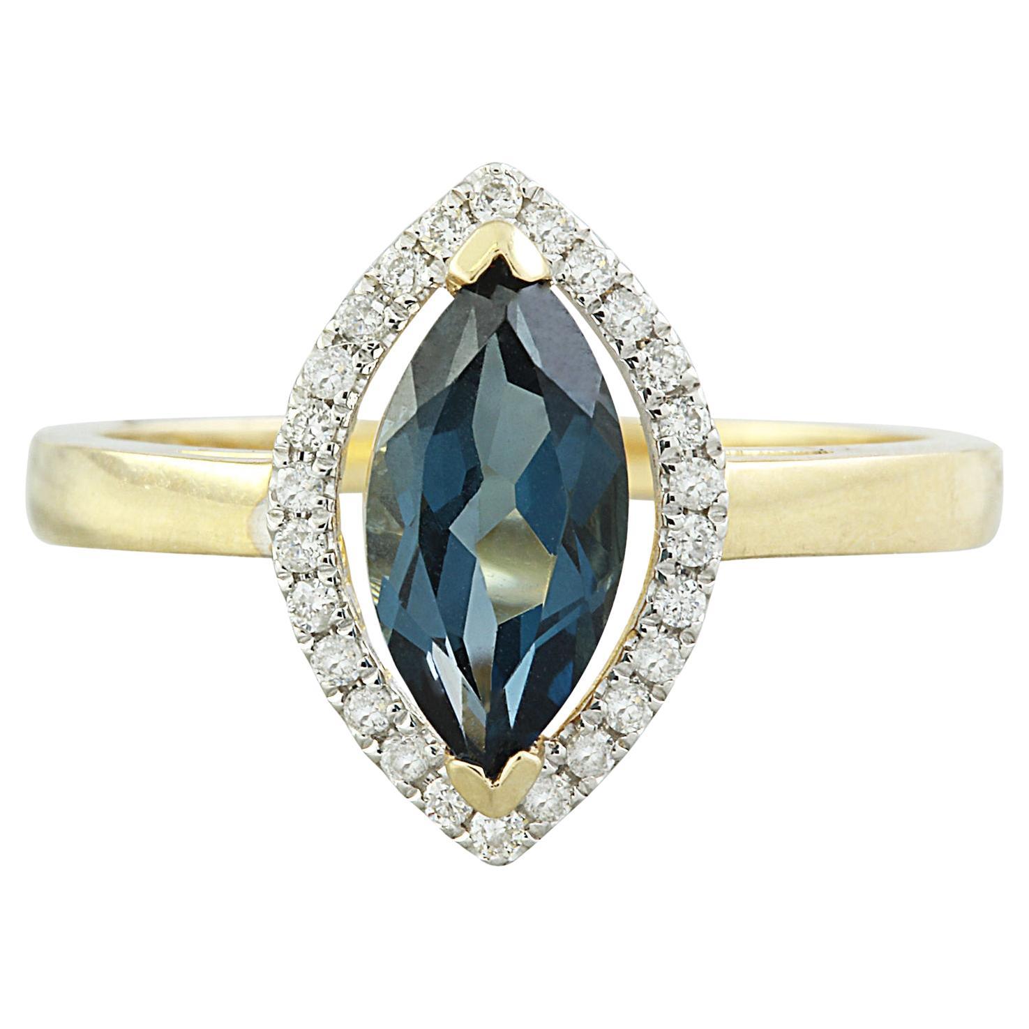 Natural Blue Topaz Diamond Ring in 14K Solid Yellow Gold
