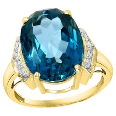Natural Blue Topaz & Diamond Ring in 14k Yellow Gold
