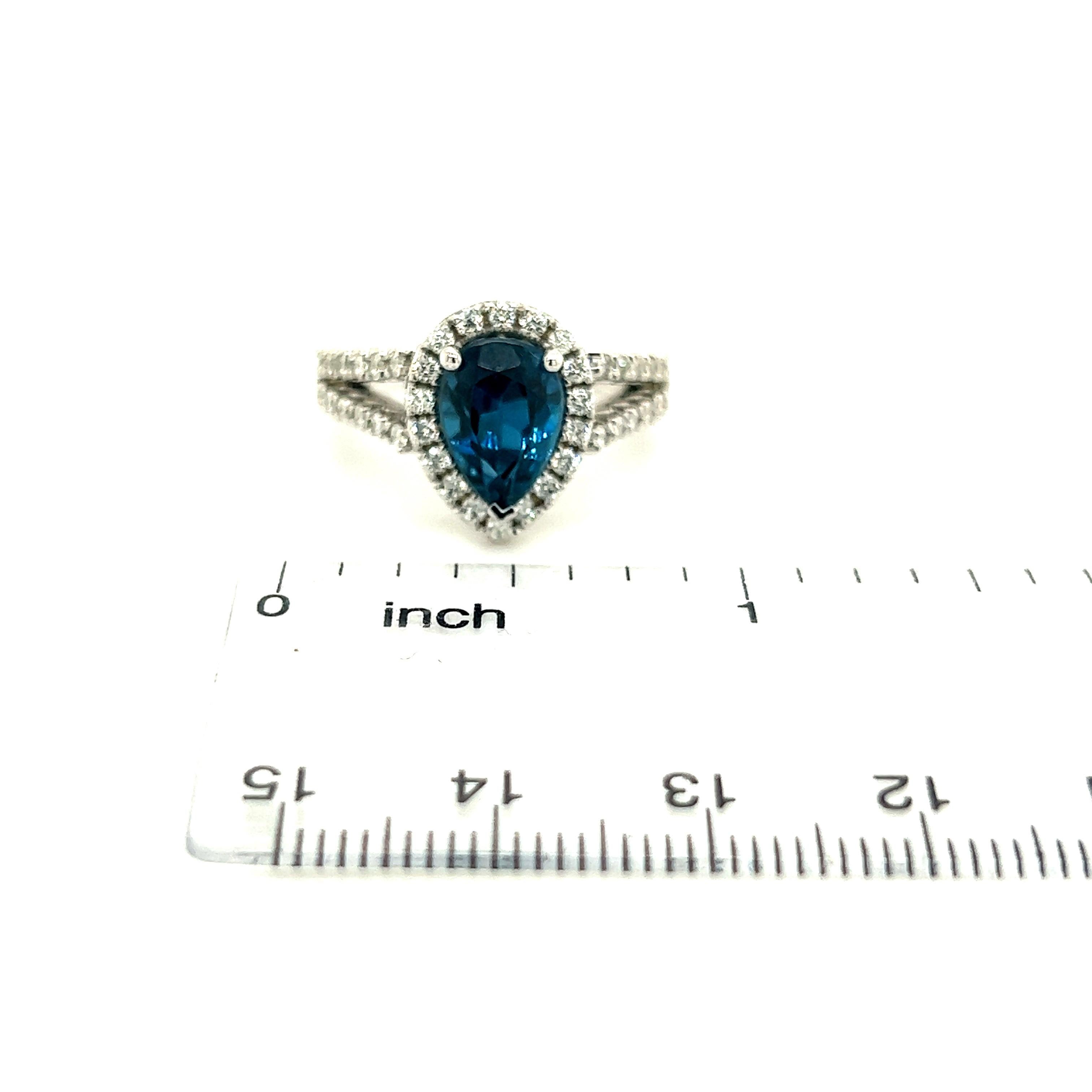Pear Cut Natural Blue Topaz Diamond Ring 14k W Gold 3.77 TCW Certified For Sale