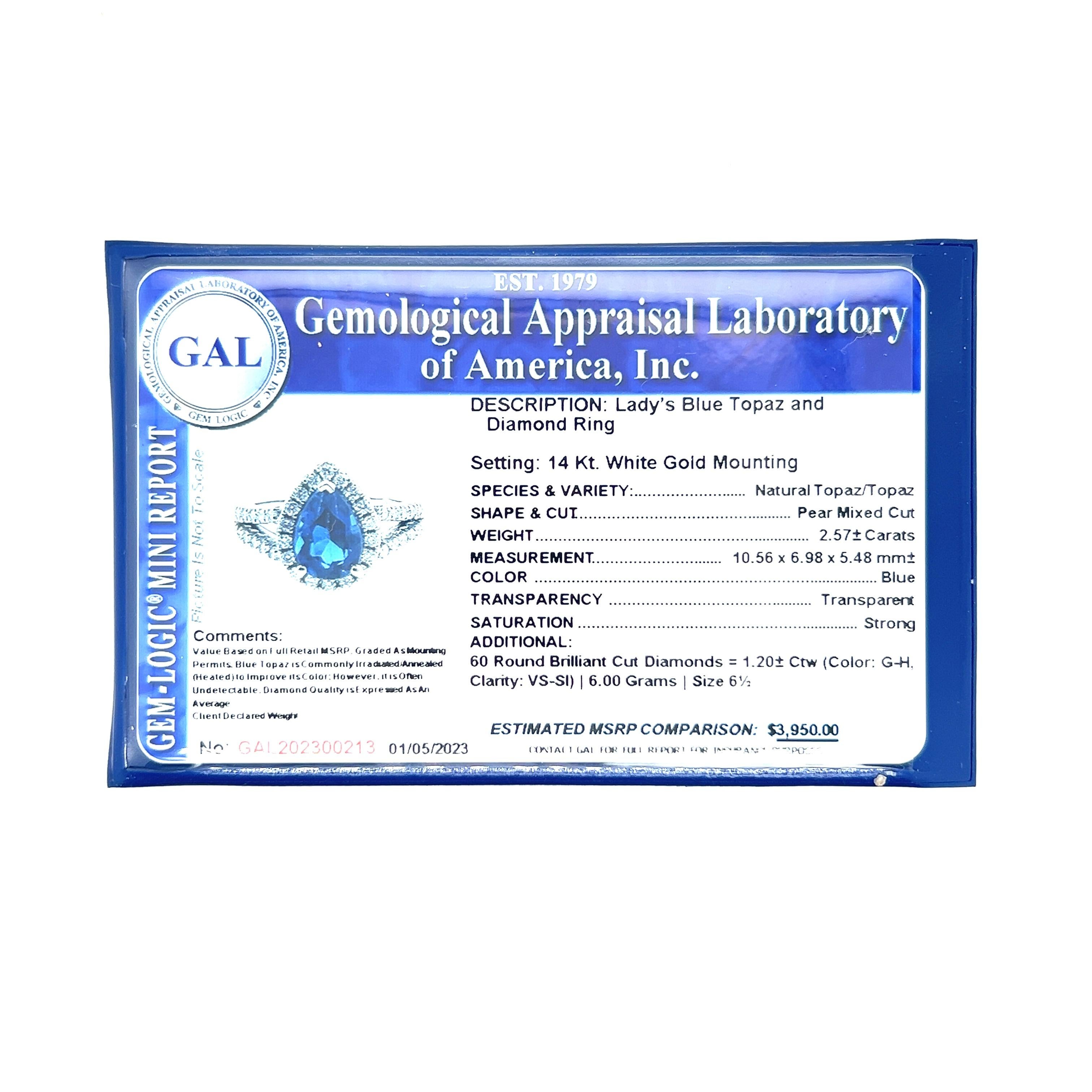 Natürlicher blauer Topas Diamantring 14k W Gold 3,77 TCW zertifiziert im Angebot 4