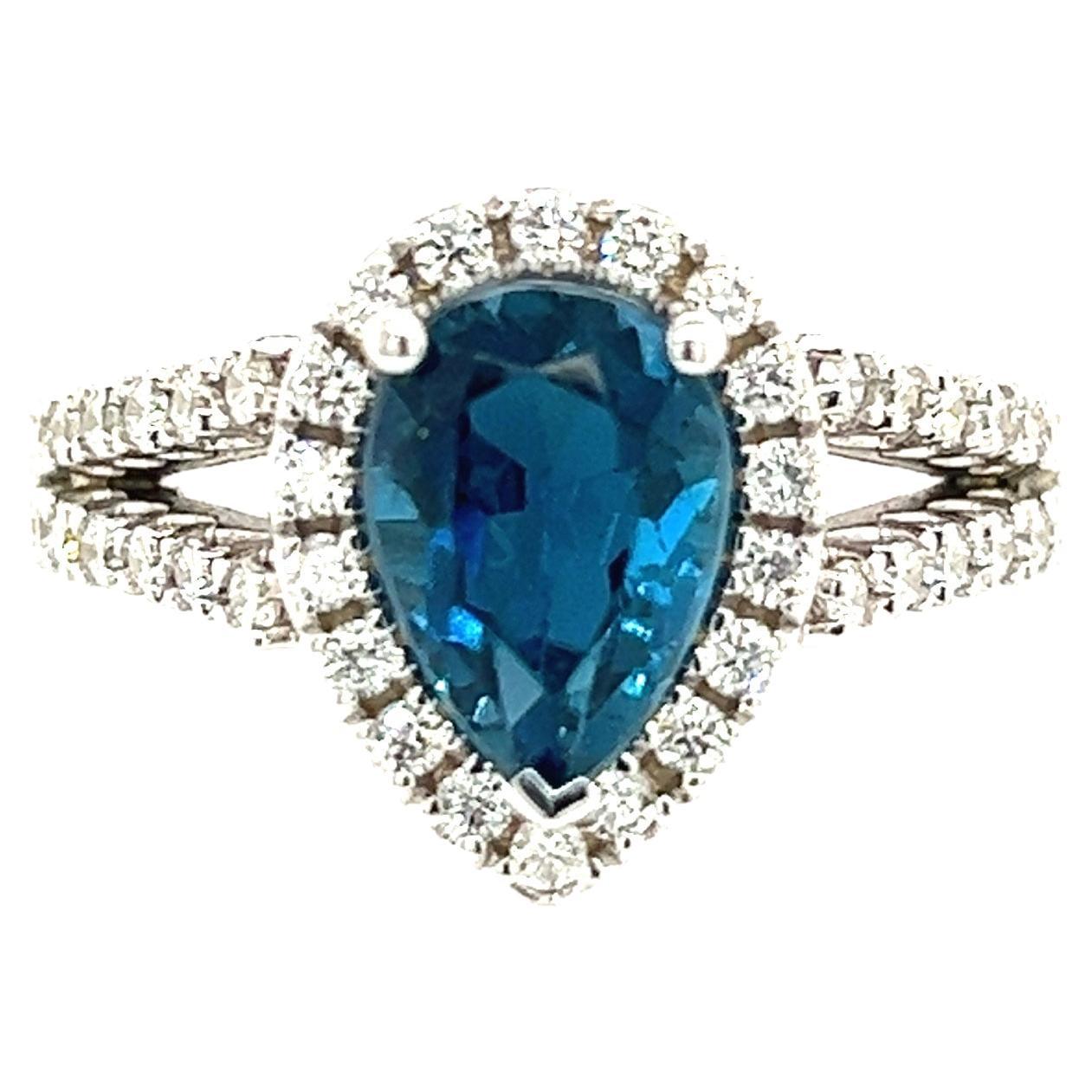 Natural Blue Topaz Diamond Ring 14k W Gold 3.77 TCW Certified For Sale