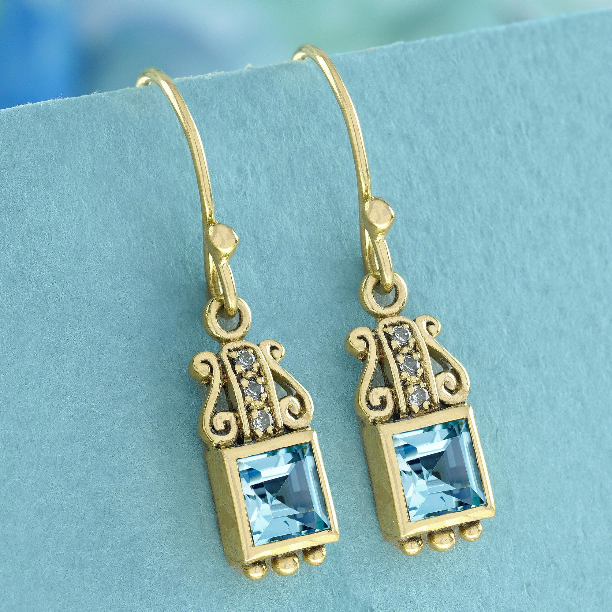Edwardian Natural Blue Topaz Diamond Vintage Style Drop Earrings in Solid 9K Yellow Gold For Sale