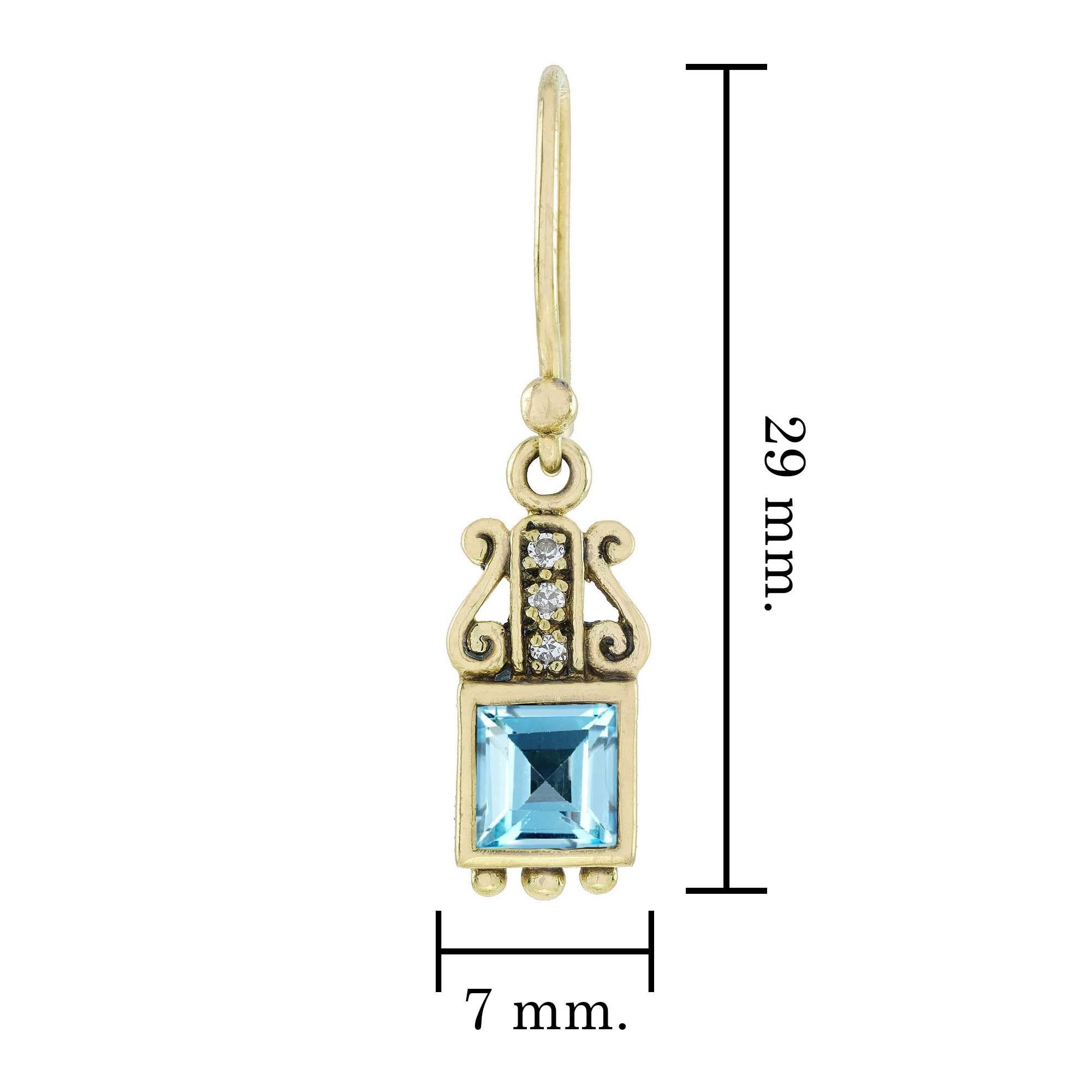 Natural Blue Topaz Diamond Vintage Style Drop Earrings in Solid 9K Yellow Gold In New Condition For Sale In Bangkok, TH