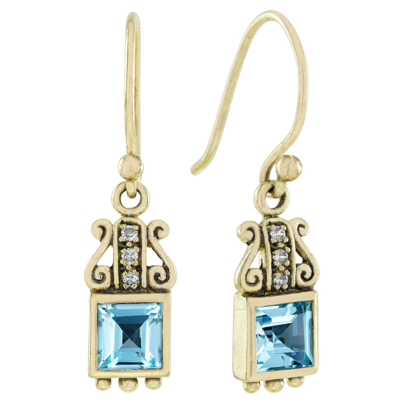 Natürlicher blauer Topas Diamant Vintage-Tropfen-Ohrringe im Vintage-Stil aus massivem 9K Gelbgold