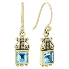 Boucles d'oreilles pendantes en or jaune 9K avec topaze bleue naturelle et diamant de style vintage