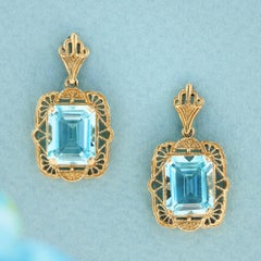 14K Gold Natural Blue Topaz Emerald Cut Filigree Drop Earrings