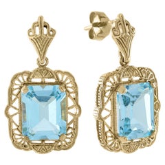 14K Gold Natural Blue Topaz Emerald Cut Filigree Drop Earrings