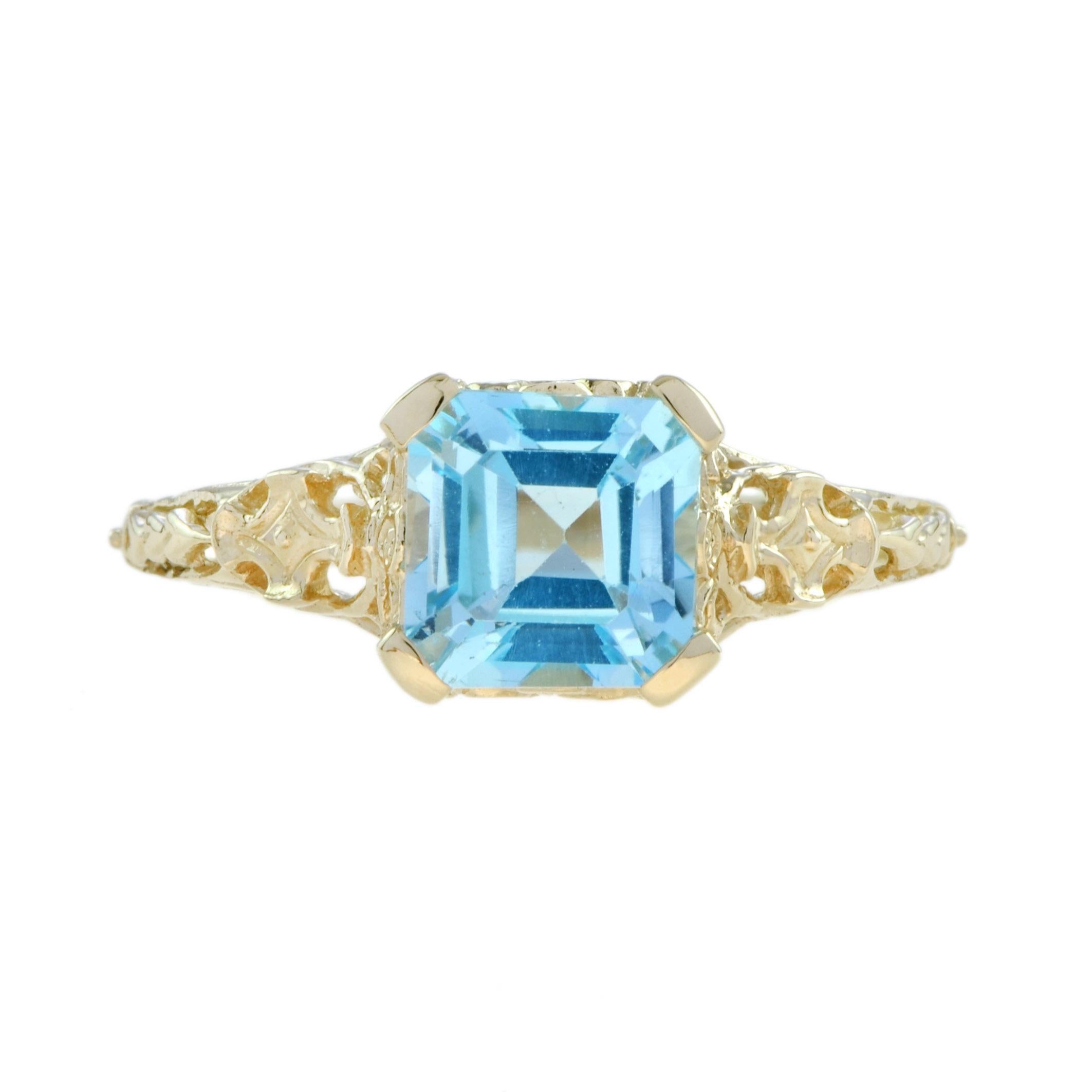 Emerald Cut Natural Blue Topaz Filigree Ring in Solid 14K Yellow Gold
