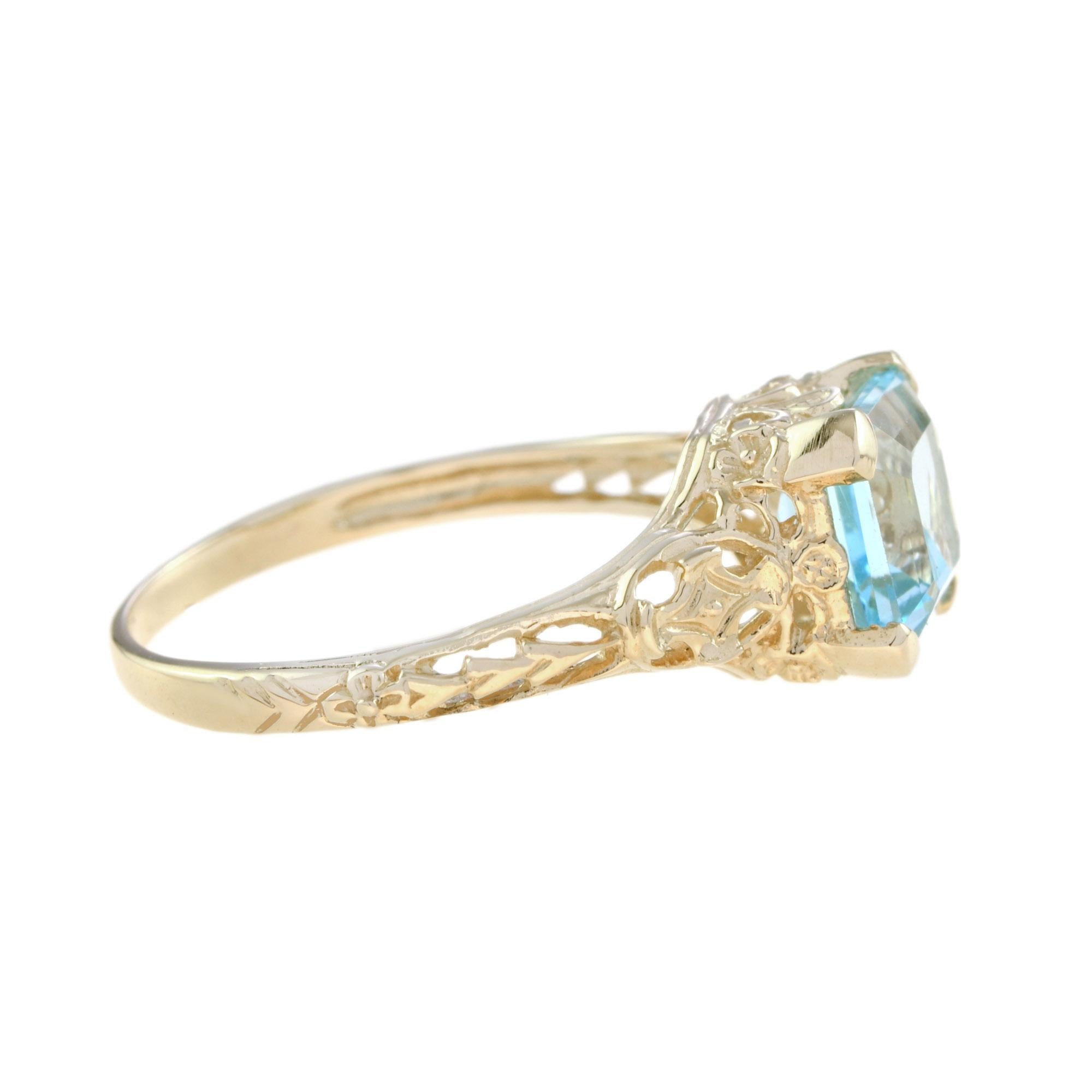 Natural Blue Topaz Filigree Ring in Solid 14K Yellow Gold In New Condition In Bangkok, TH