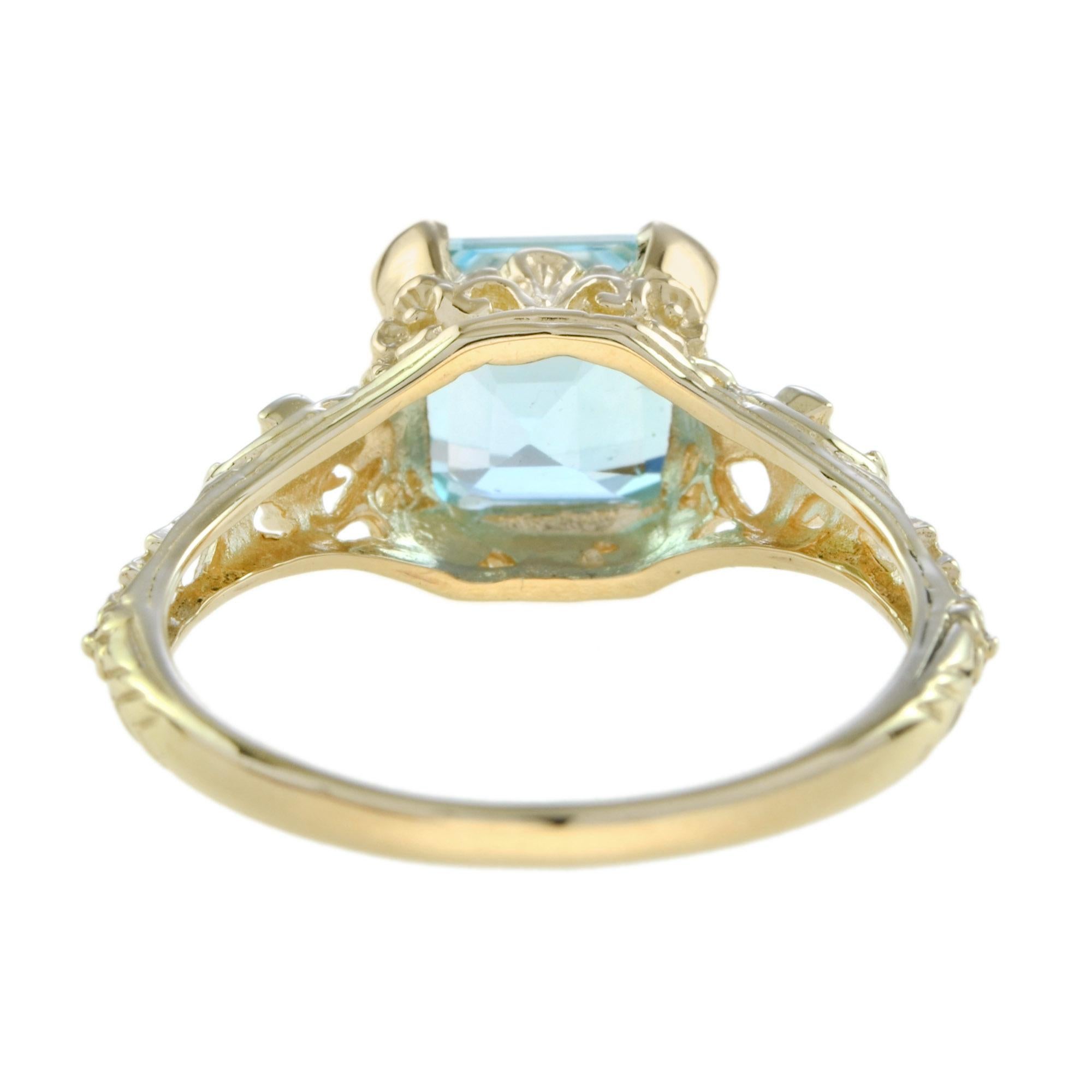 Women's Natural Blue Topaz Filigree Ring in Solid 14K Yellow Gold