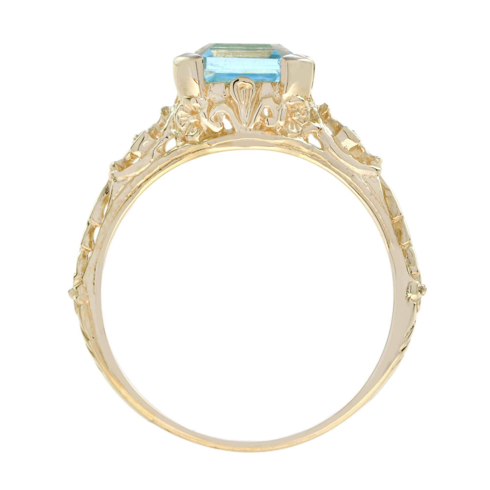 Natural Blue Topaz Filigree Ring in Solid 14K Yellow Gold 1