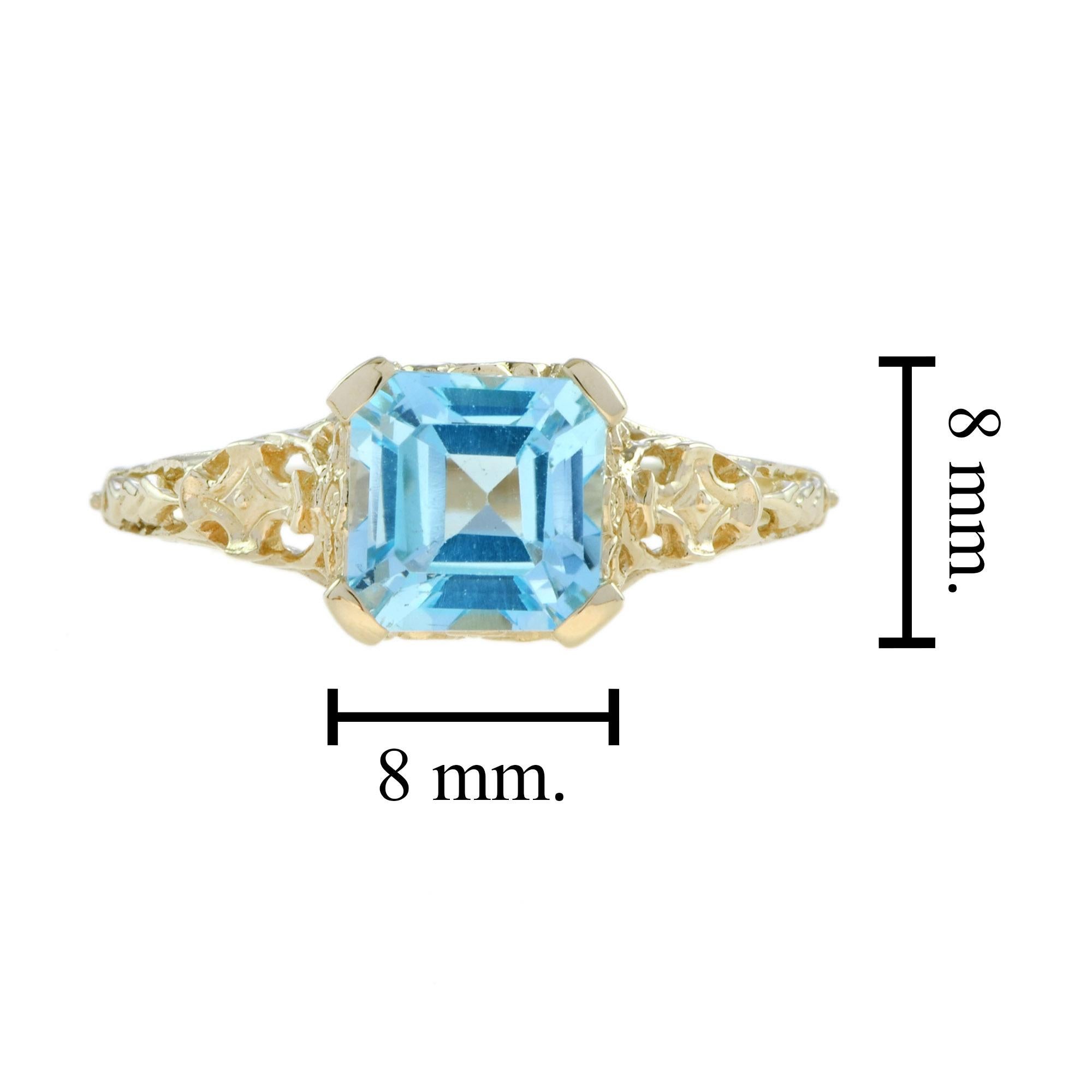 Natural Blue Topaz Filigree Ring in Solid 14K Yellow Gold 2