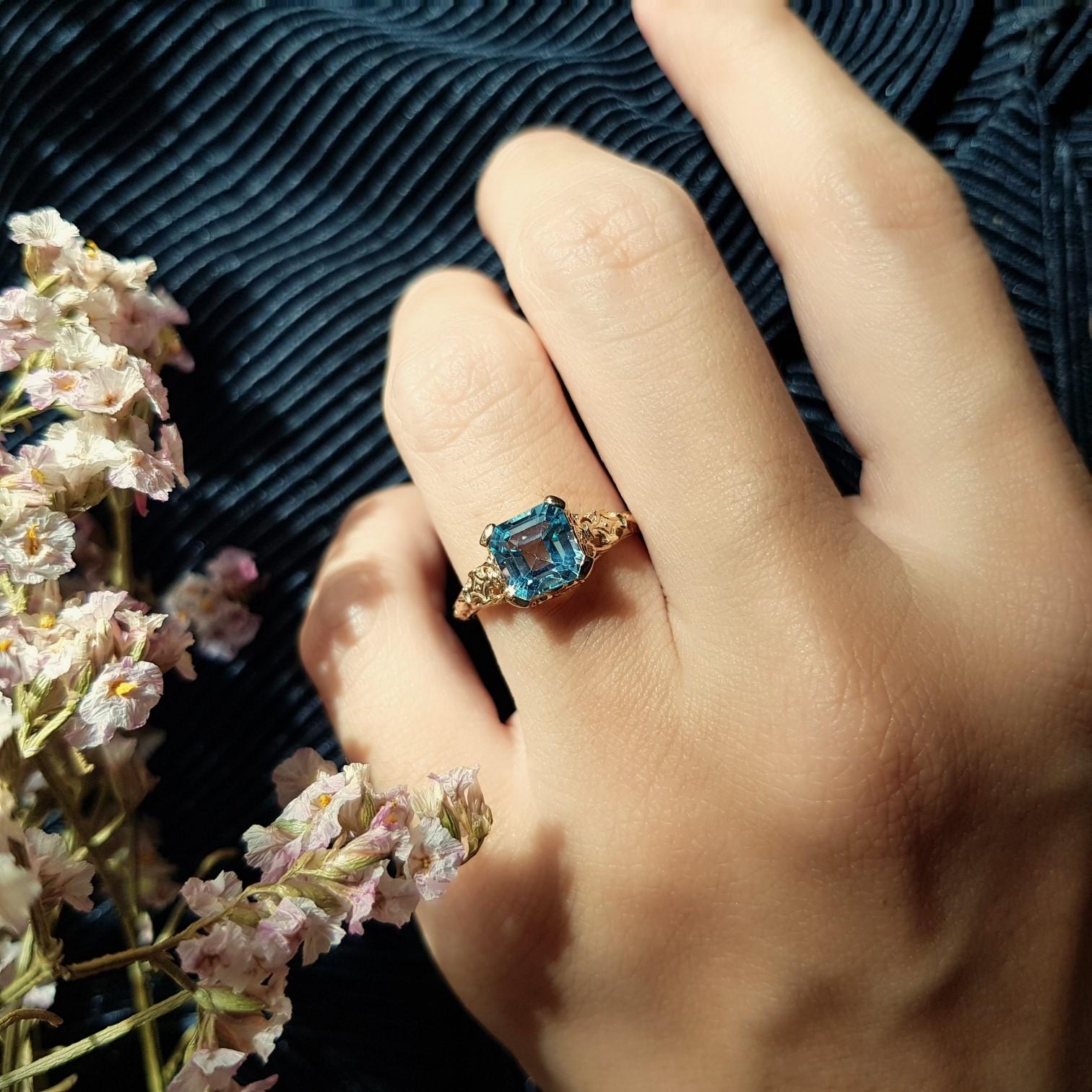 Natural Blue Topaz Filigree Ring in Solid 14K Yellow Gold 3