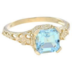 Natural Blue Topaz Filigree Ring in Solid 14K Yellow Gold