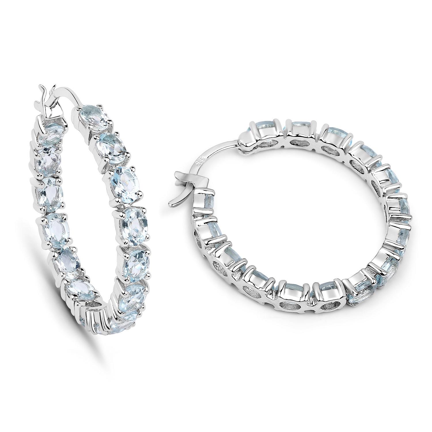 Contemporary Natural Blue Topaz Hoop Earrings Total 5.70 Carats Rhodium Plated Silver For Sale