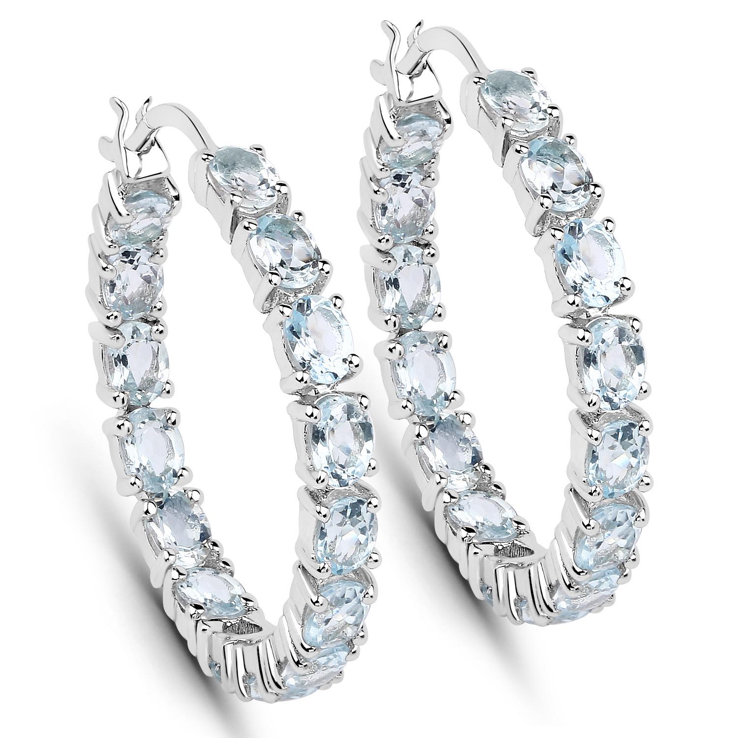 Oval Cut Natural Blue Topaz Hoop Earrings Total 5.70 Carats Rhodium Plated Silver For Sale