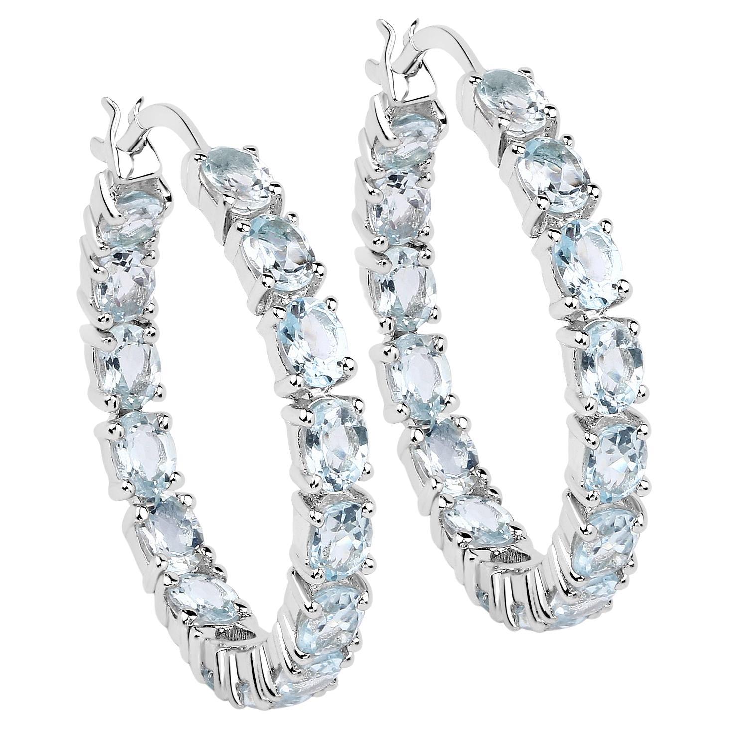 Natural Blue Topaz Hoop Earrings Total 5.70 Carats Rhodium Plated Silver