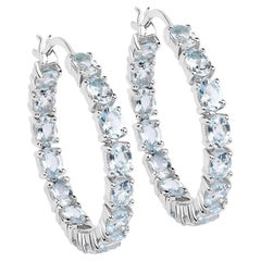 Natural Blue Topaz Hoop Earrings Total 5.70 Carats Rhodium Plated Silver
