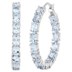 Natural Blue Topaz Hoop Earrings Total 5.70 Carats Rhodium Plated Silver