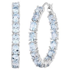 Natural Blue Topaz Hoop Earrings Total 5.70 Carats Rhodium Plated Silver