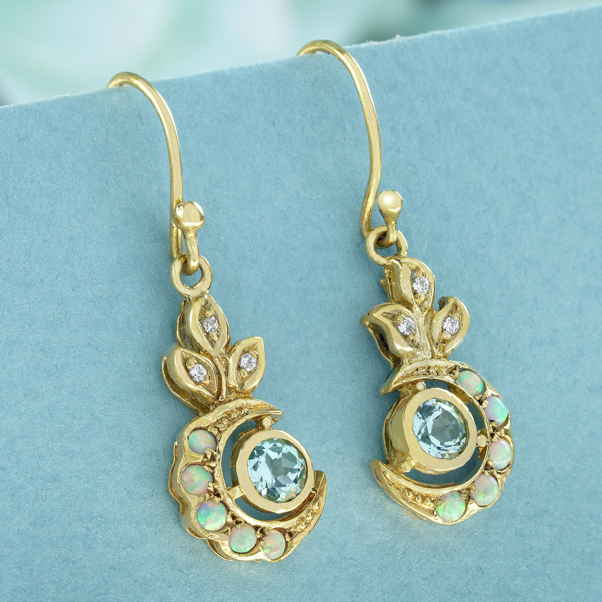 Edwardian Natural Blue Topaz Opal Diamond Vintage Style Floral Dangle Earrings in 9K Gold For Sale