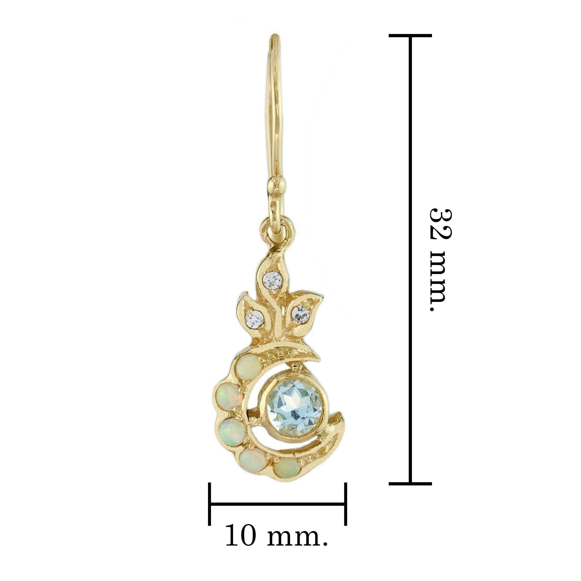 Natural Blue Topaz Opal Diamond Vintage Style Floral Dangle Earrings in 9K Gold In New Condition For Sale In Bangkok, TH