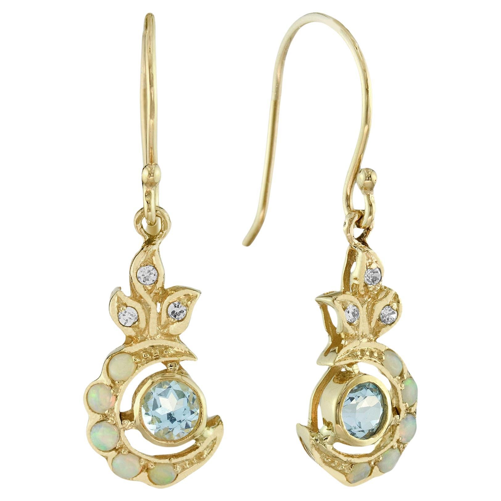Natural Blue Topaz Opal Diamond Vintage Style Floral Dangle Earrings in 9K Gold For Sale