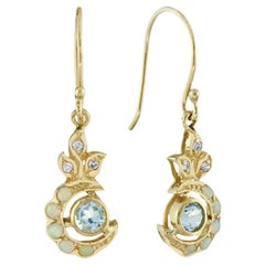 Boucles d'oreilles pendantes en or 9K avec Topaze Bleue Opale Diamant Style Vintage Floral