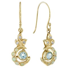 Natural Blue Topaz Opal Diamond Vintage Style Floral Dangle Earrings in 9K Gold