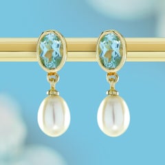 Pendientes de perla y topacio azul natural con forma de pera, en oro macizo de 9K