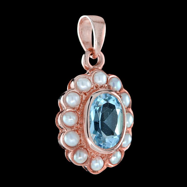Art Deco Catherine Natural Oval Blue Topaz with Pearl Pendant in 9K Rose Gold