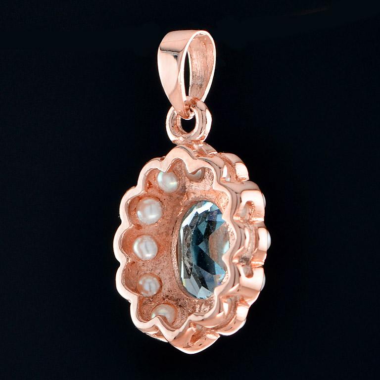 Oval Cut Catherine Natural Oval Blue Topaz with Pearl Pendant in 9K Rose Gold