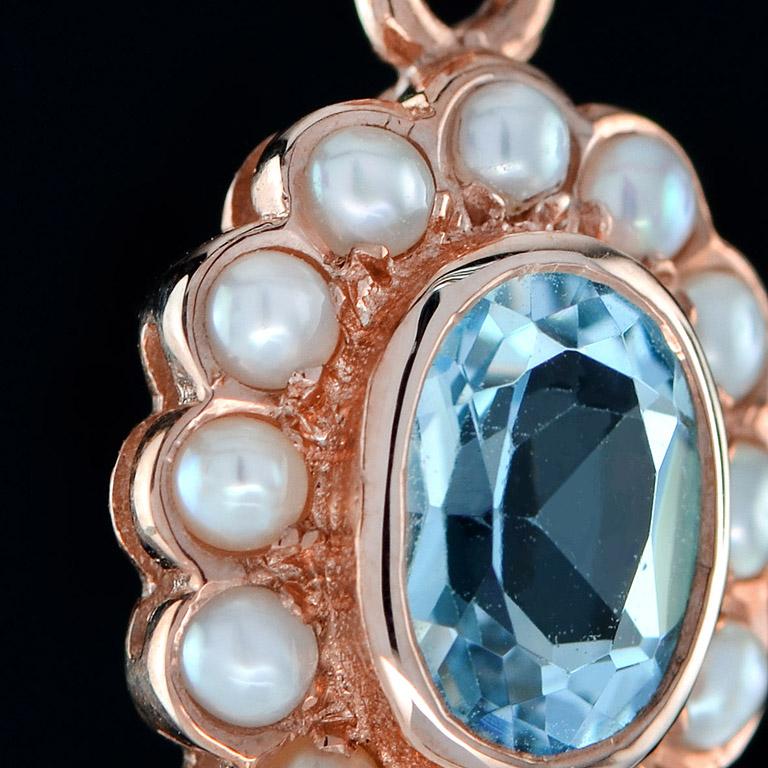 Women's Catherine Natural Oval Blue Topaz with Pearl Pendant in 9K Rose Gold