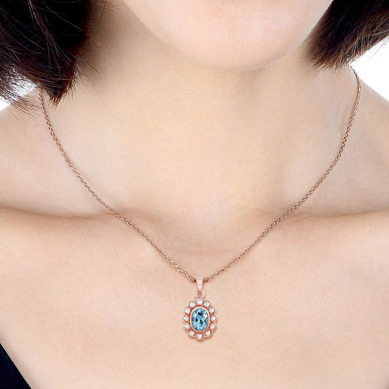 Catherine Natural Oval Blue Topaz with Pearl Pendant in 9K Rose Gold 2