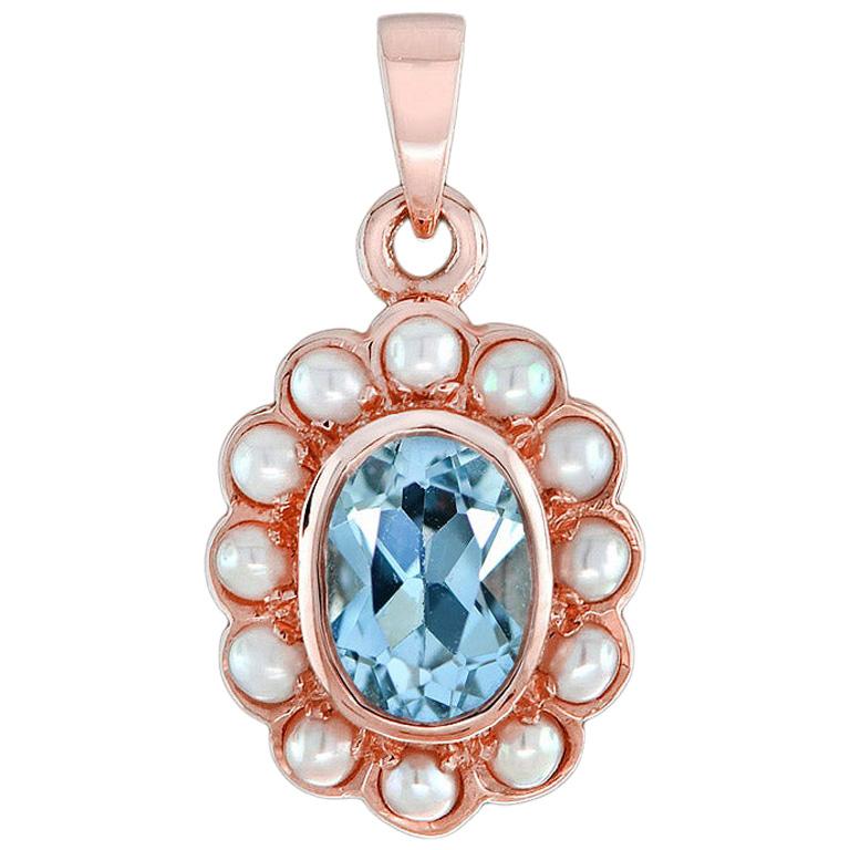Catherine Natural Oval Blue Topaz with Pearl Pendant in 9K Rose Gold