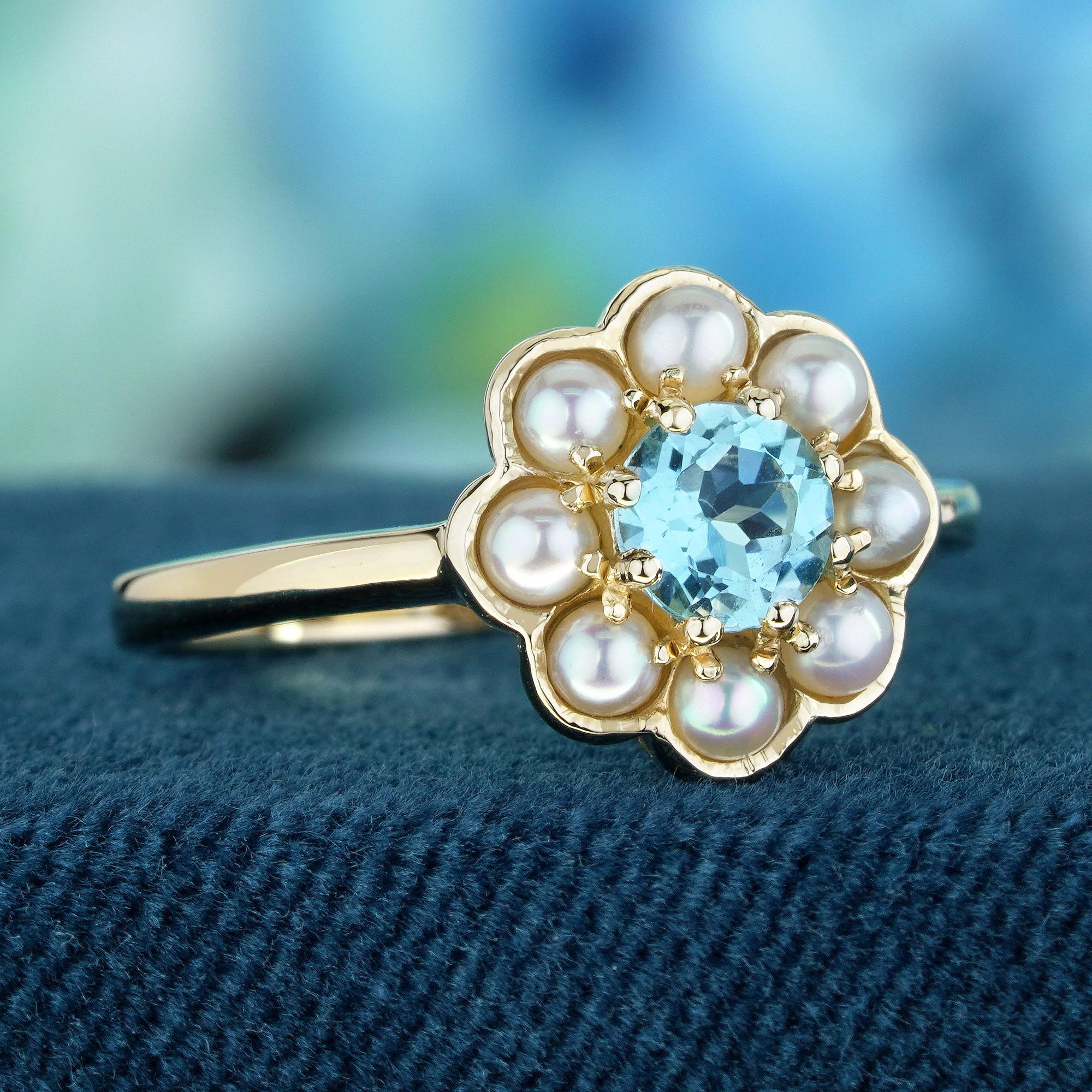 Edwardian Natural Blue Topaz Pearl Vintage Style Floral Cluster Ring in Solid 9K Gold For Sale