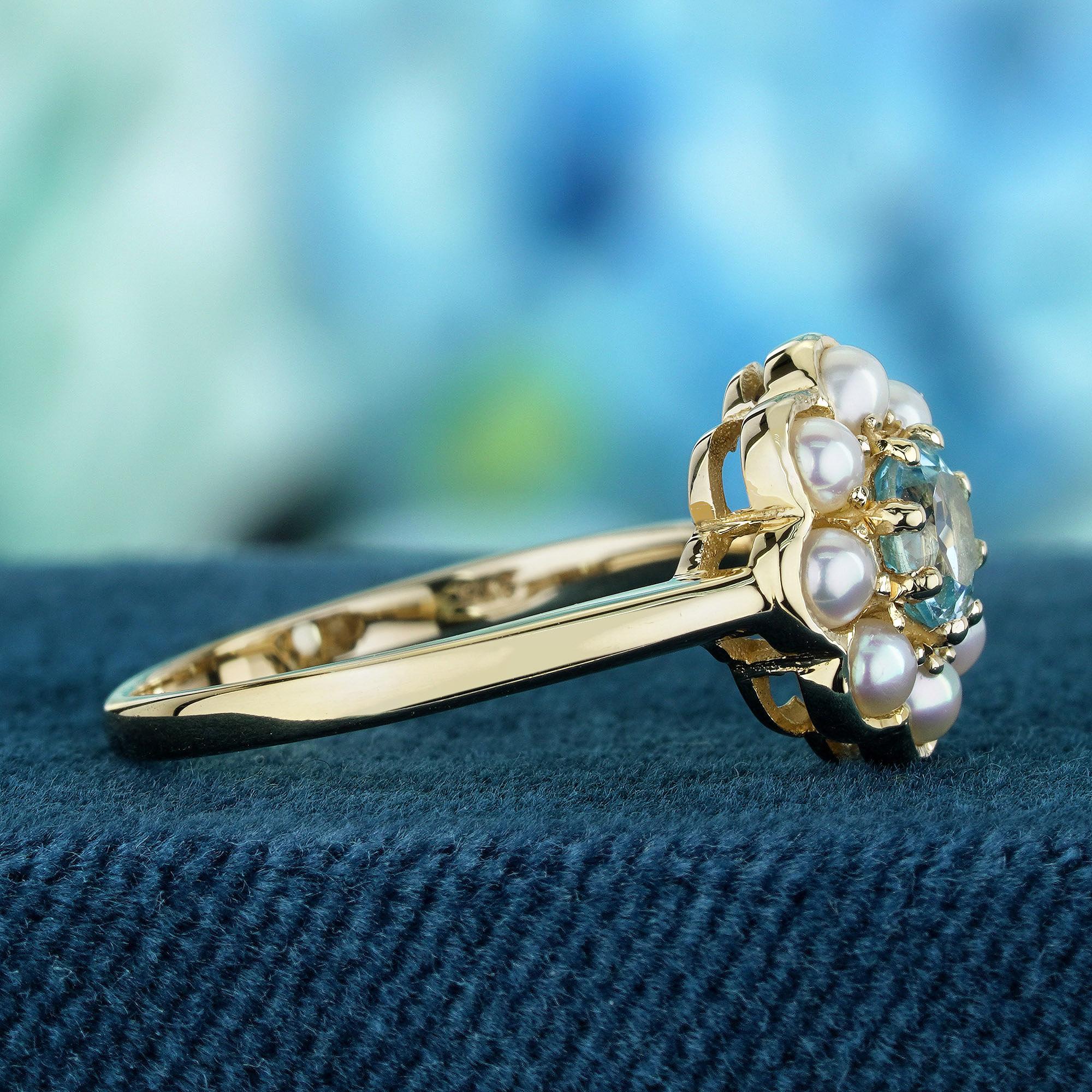 Round Cut Natural Blue Topaz Pearl Vintage Style Floral Cluster Ring in Solid 9K Gold For Sale