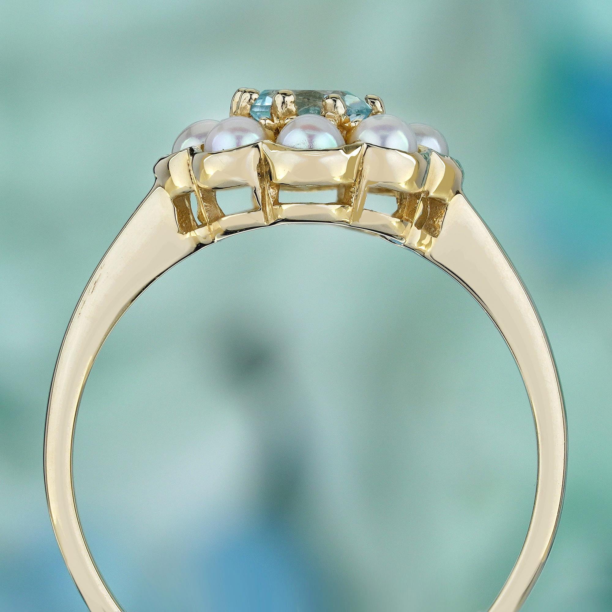 Natural Blue Topaz Pearl Vintage Style Floral Cluster Ring in Solid 9K Gold In New Condition For Sale In Bangkok, TH