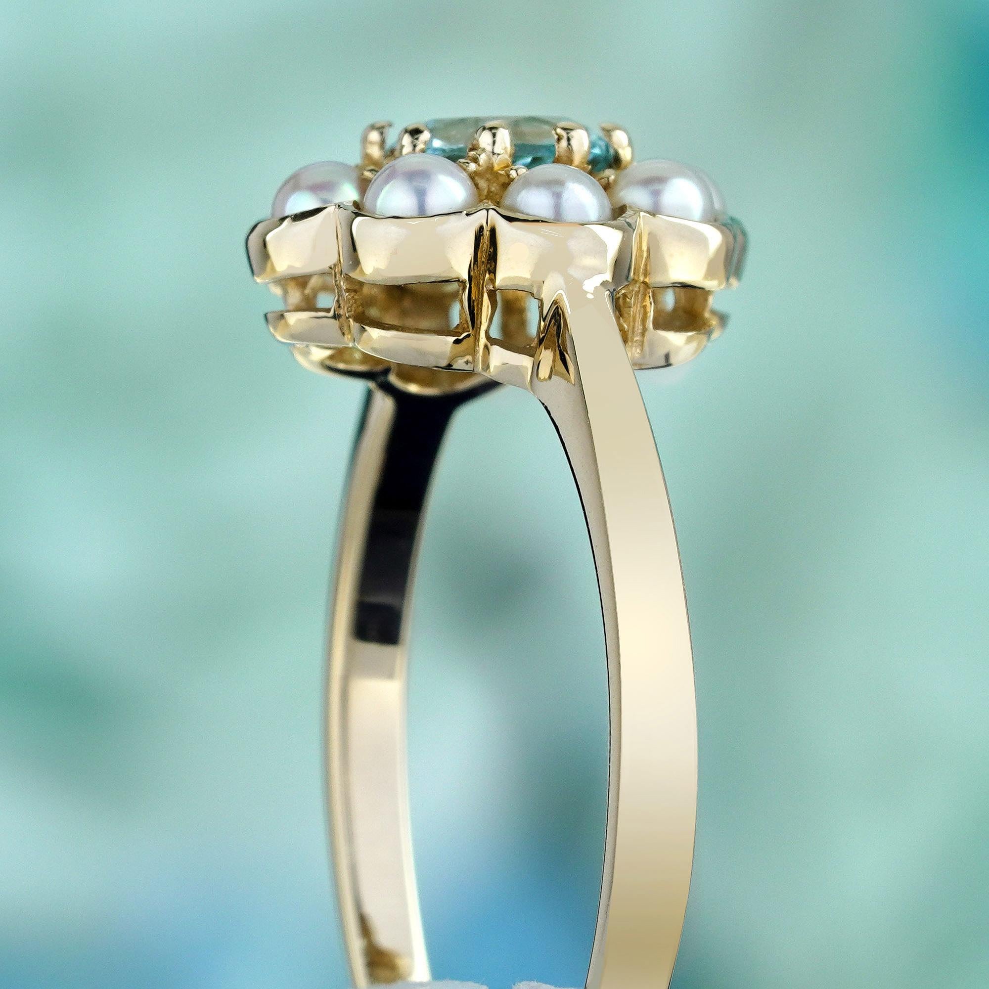 Women's Natural Blue Topaz Pearl Vintage Style Floral Cluster Ring in Solid 9K Gold For Sale