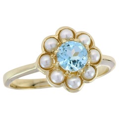 Natural Blue Topaz Pearl Vintage Style Floral Cluster Ring in Solid 9K Gold