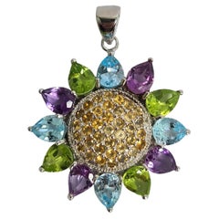 Natural Blue Topaz Peridot Amethyst Citrine .925 Sterling Silver Rhodium Pendant