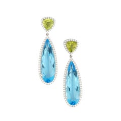 Natural 31.61cts Blue Topaz, 2.97cts Peridot & 1.36cts Diamond Earring 18k Gold