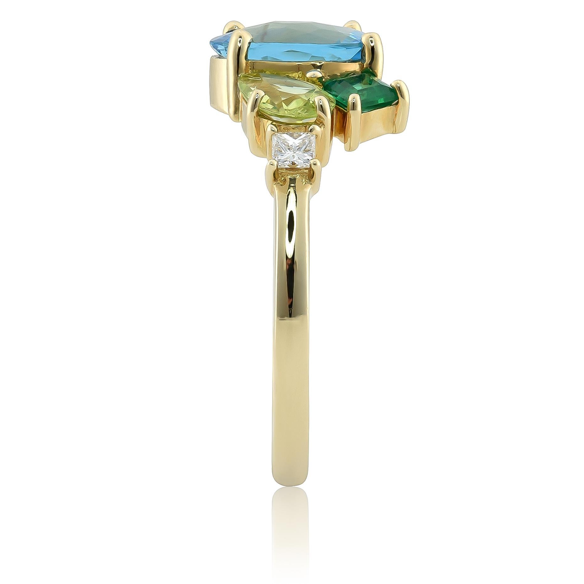 Taglio misto Topazio blu naturale, peridoto, smeraldi, diamante 2,07 carati TW incastonati in un anello in 14KYG in vendita