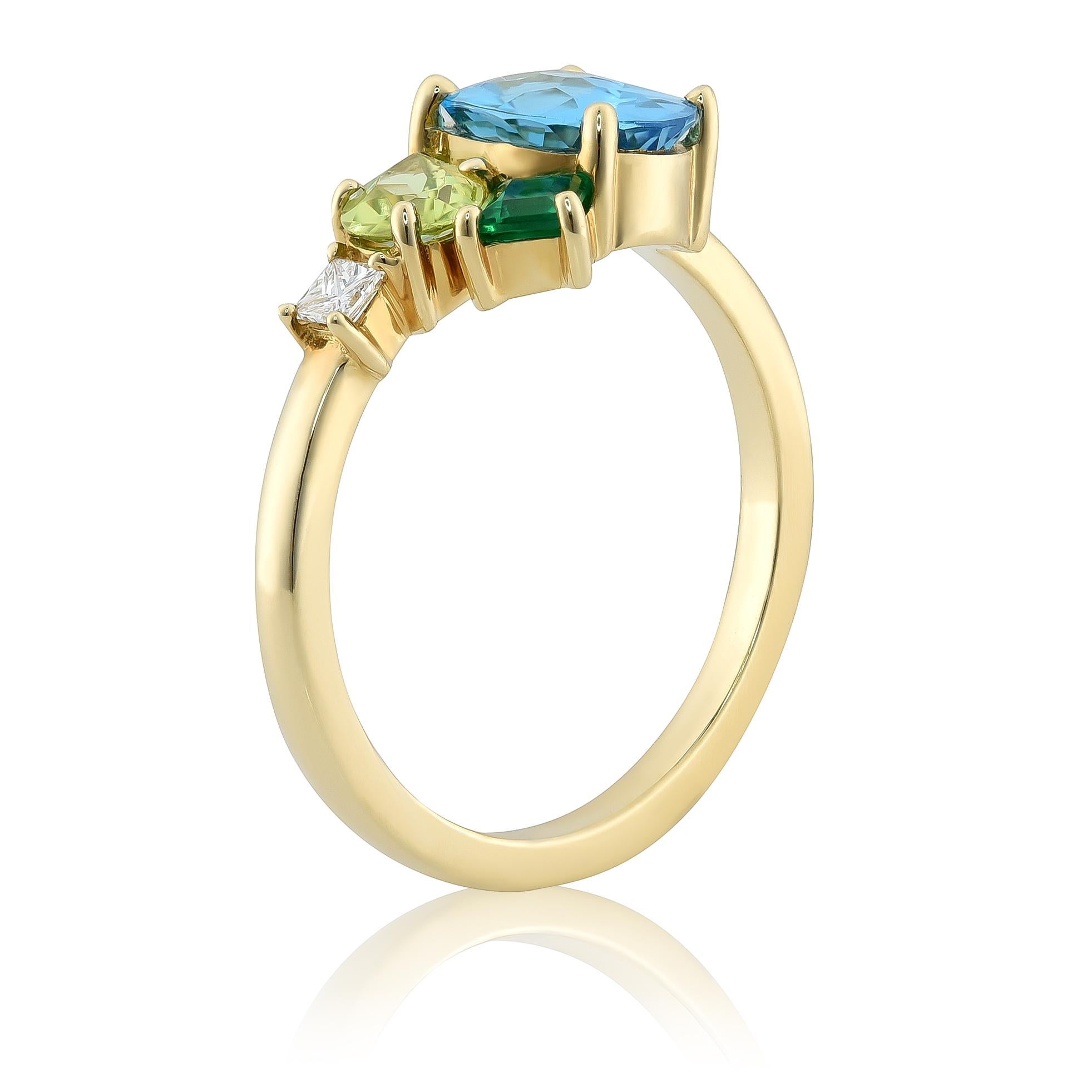 Topazio blu naturale, peridoto, smeraldi, diamante 2,07 carati TW incastonati in un anello in 14KYG In condizioni Nuovo in vendita a Los Angeles, CA